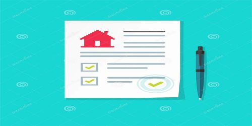 房屋保险或法律协议文件矢量图、平面卡通房屋合同或带有财务清单的抵押表格-163180433.jpg